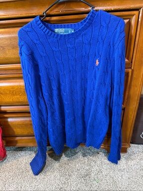 Polo by Ralph Lauren Royal Blue Cable-Knit Crewneck Sweater with Orange Pony